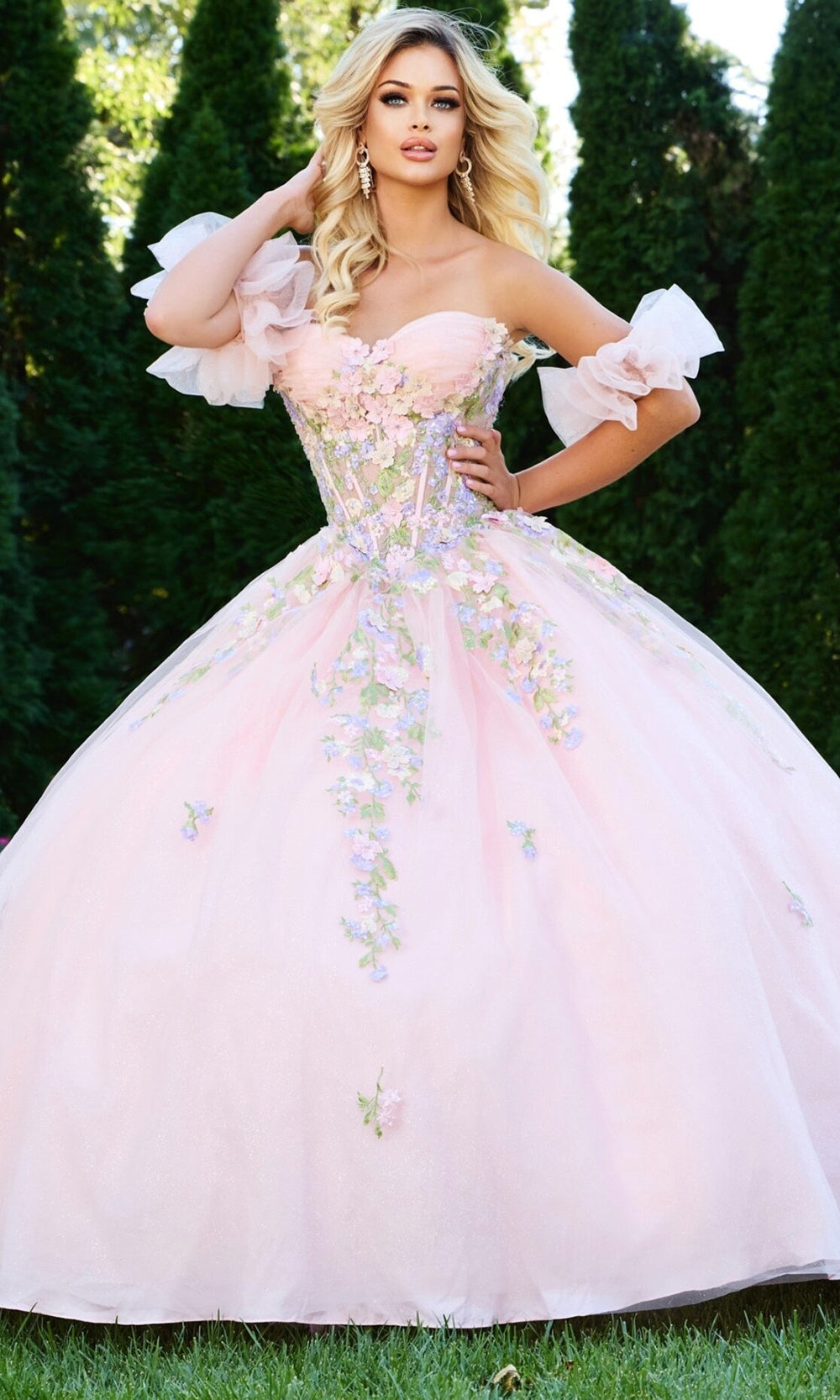 Jovani Q43231 - 3D Floral Corset Ballgown with Puff Sleeves
