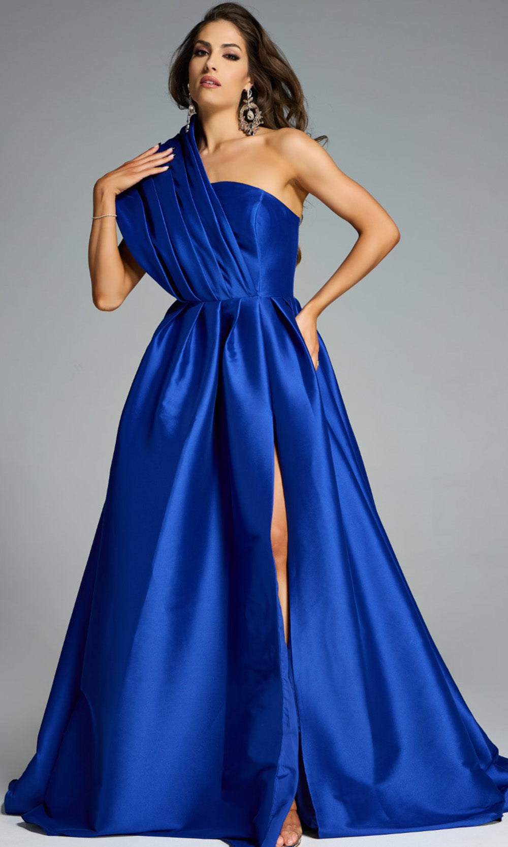 Jovani 43277 - High Slit Asymmetric Pleated Evening Gown Formal Gowns