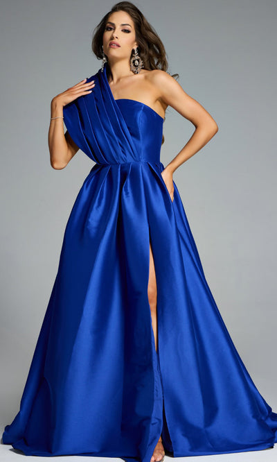 Jovani 43277 - High Slit Asymmetric Pleated Evening Gown Formal Gowns