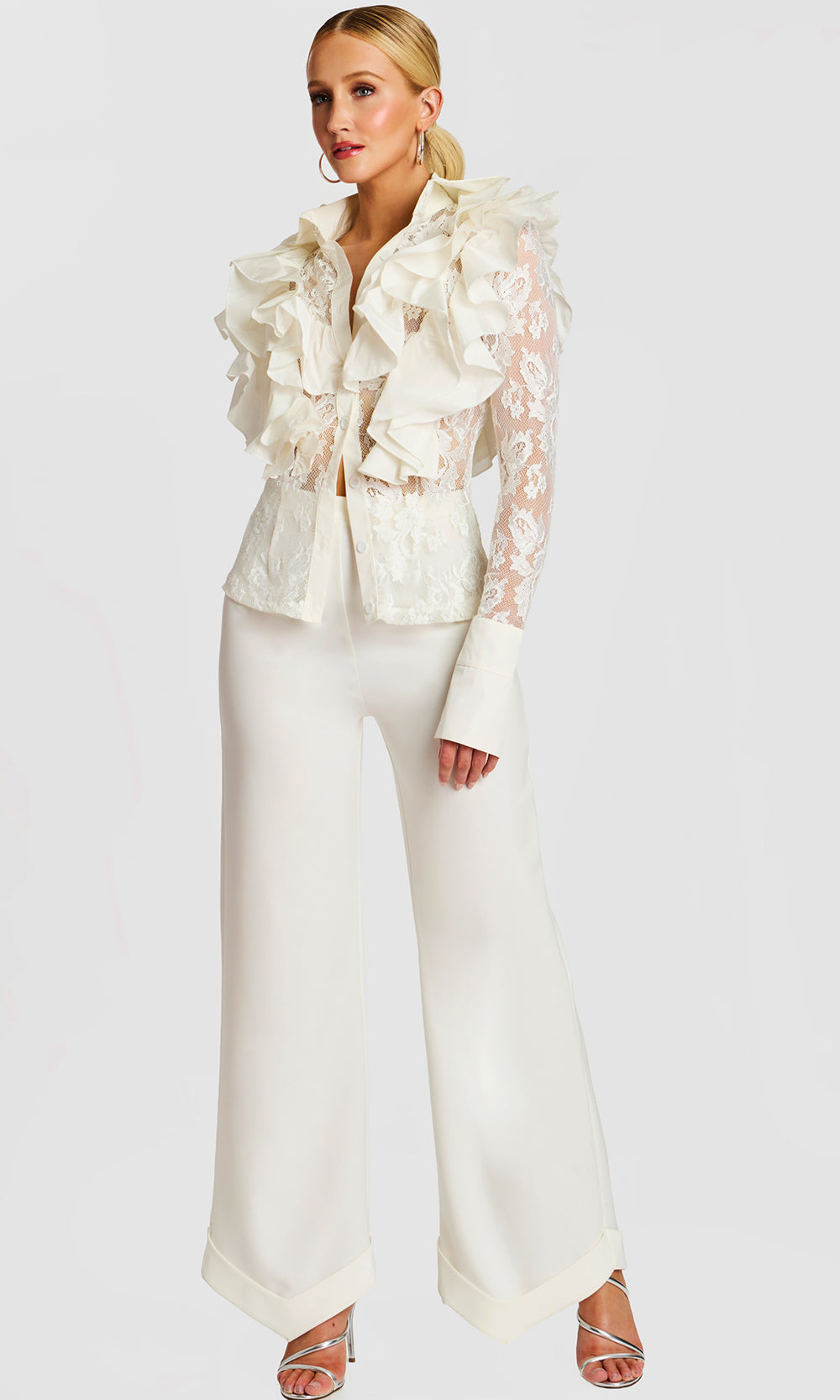 Jovani 43365 - Lace Long Sleeve Front Button Pantsuit Prom Dresses  in Off White 