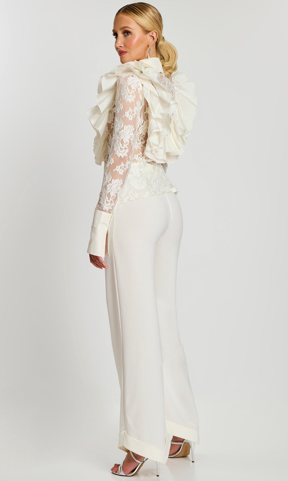 Jovani 43365 - Lace Long Sleeve Front Button Pantsuit Prom Dresses  in Off White 