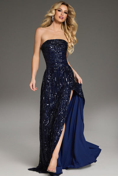 Jovani 43386 - Sequin Embellished Straight Neckline Gown In Blue