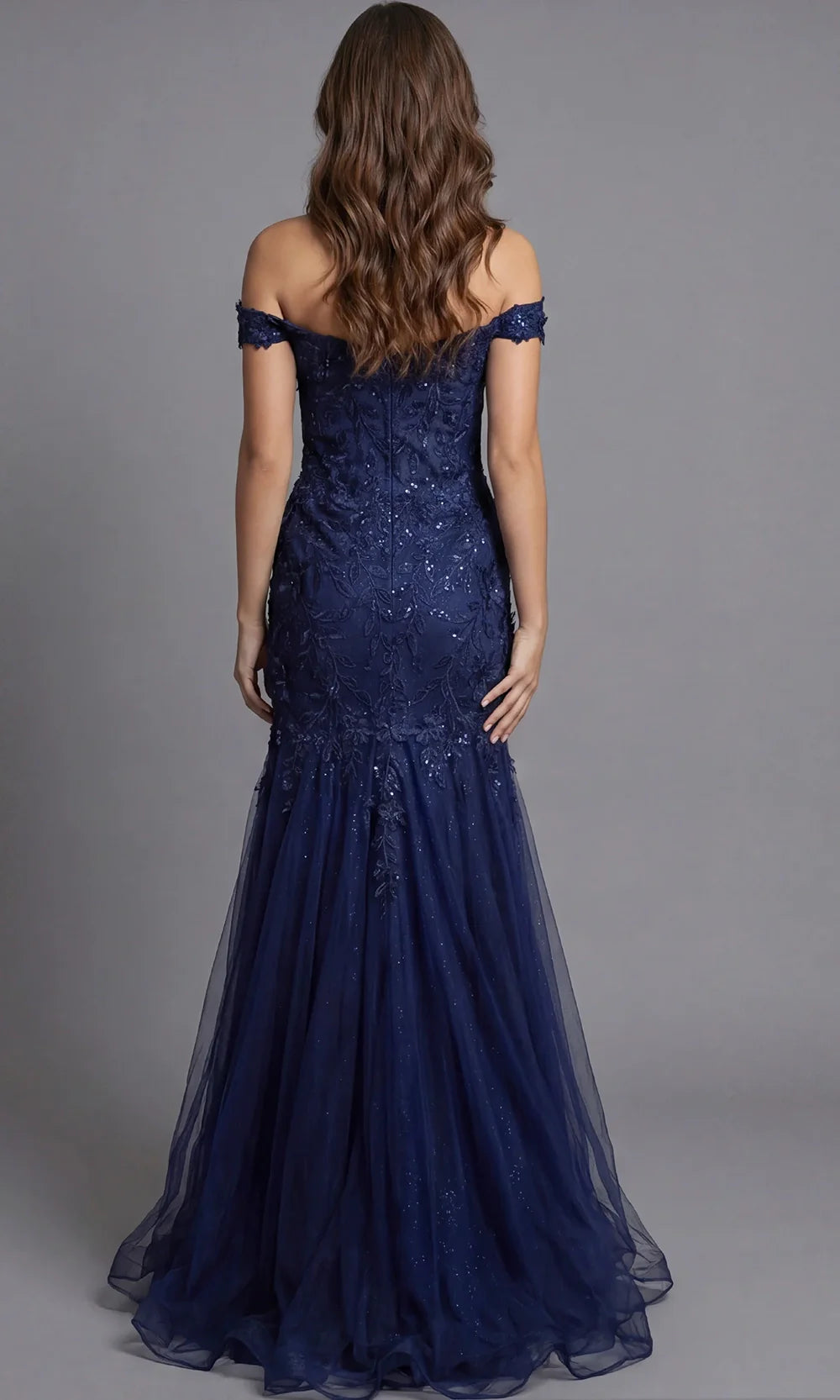 Jovani 43405 - Floral Applique Mermaid Tulle Evening Gown Special Occasion Dress In Navy