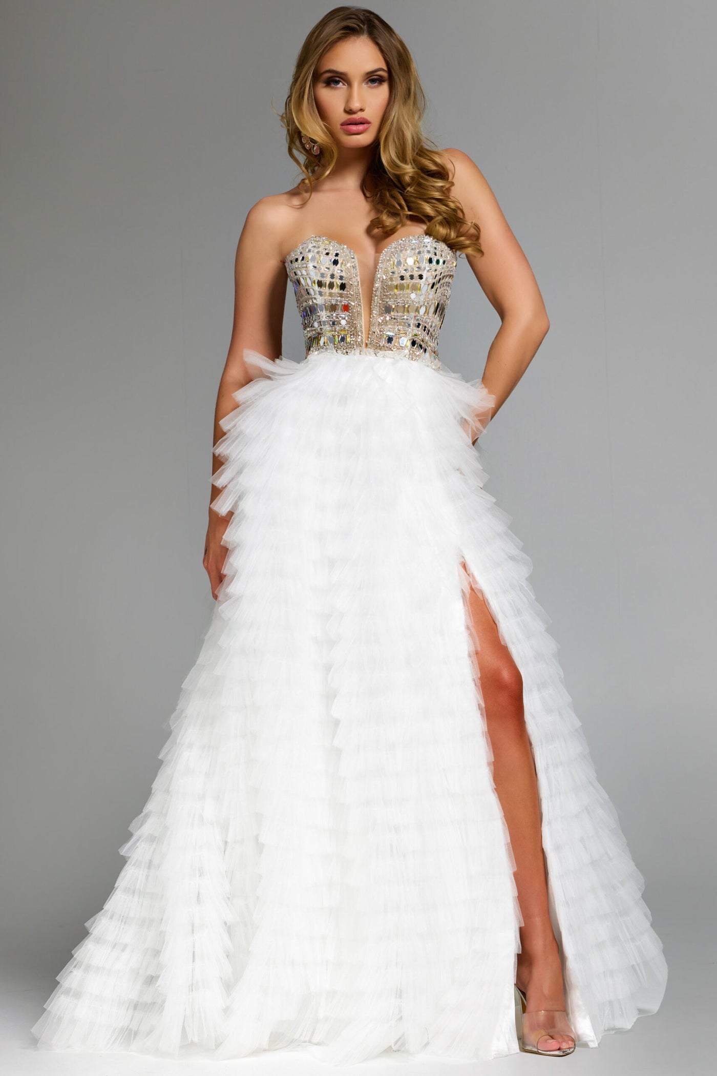 Jovani 43412 - Plunging Sweetheart Prom Ballgown with Ruffles Wedding Dresses in In White