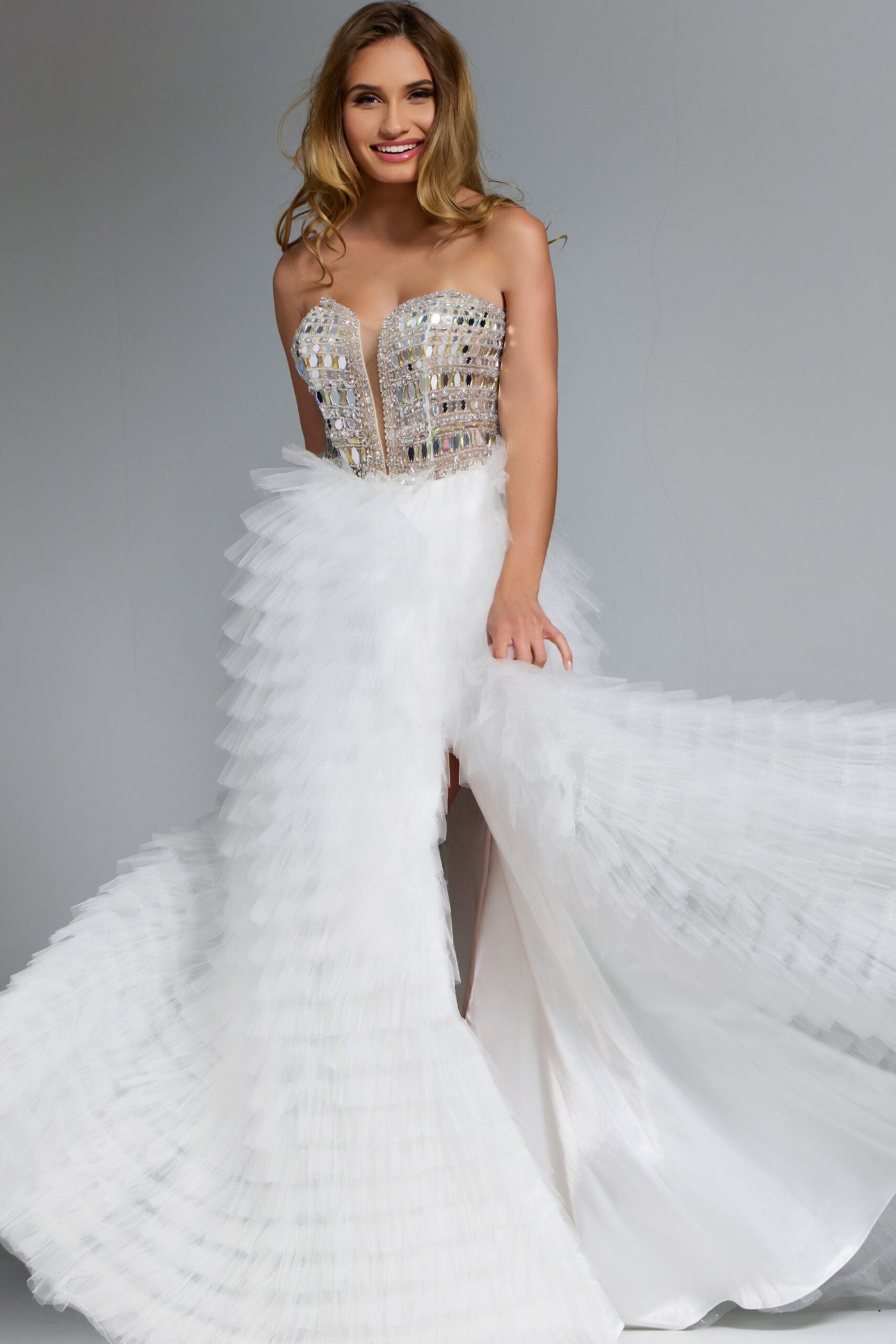 Jovani 43412 - Plunging Sweetheart Prom Ballgown with Ruffles Wedding Dresses in In White