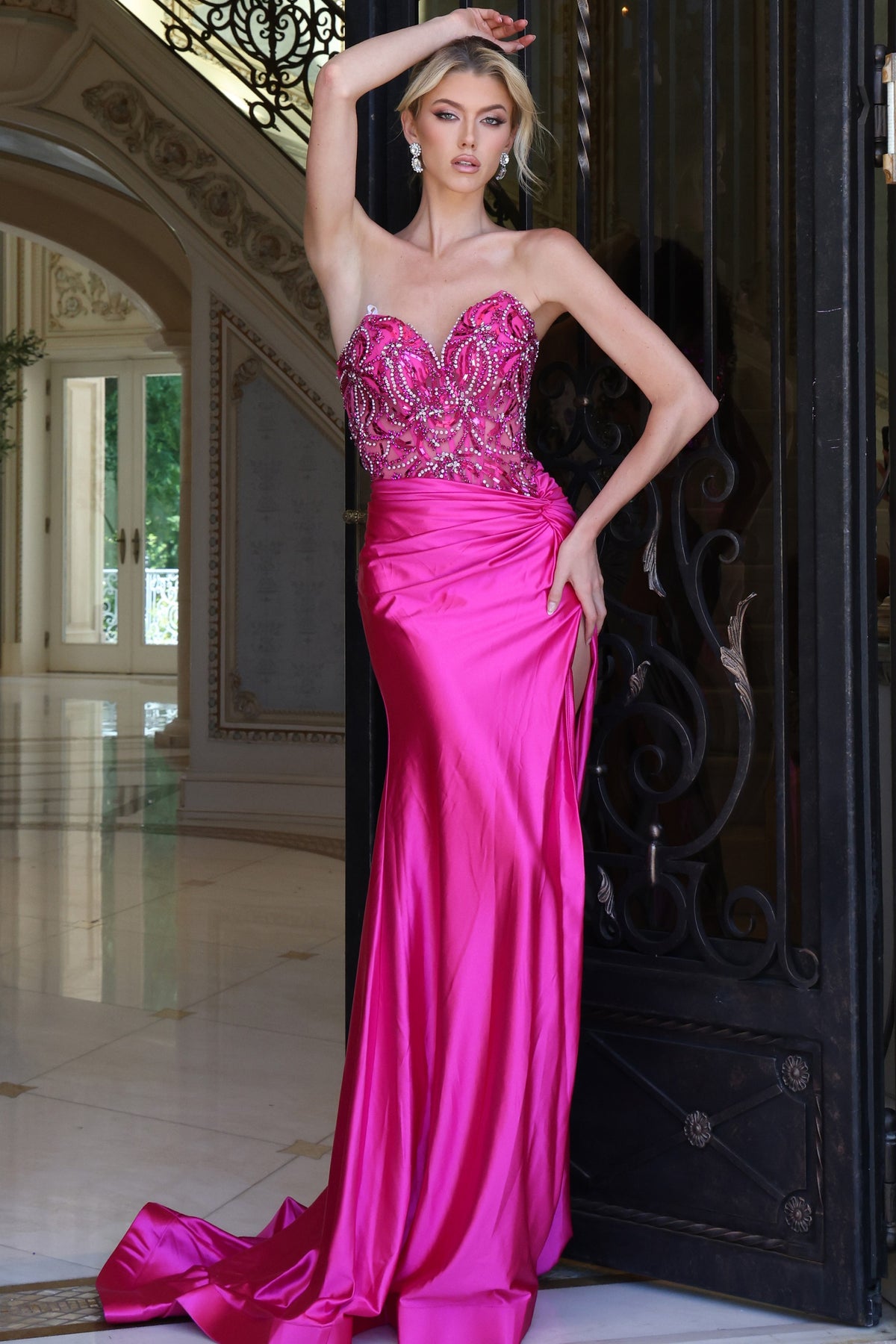 Jovani 43417 - Ruched Sheath Prom Gown with Slit