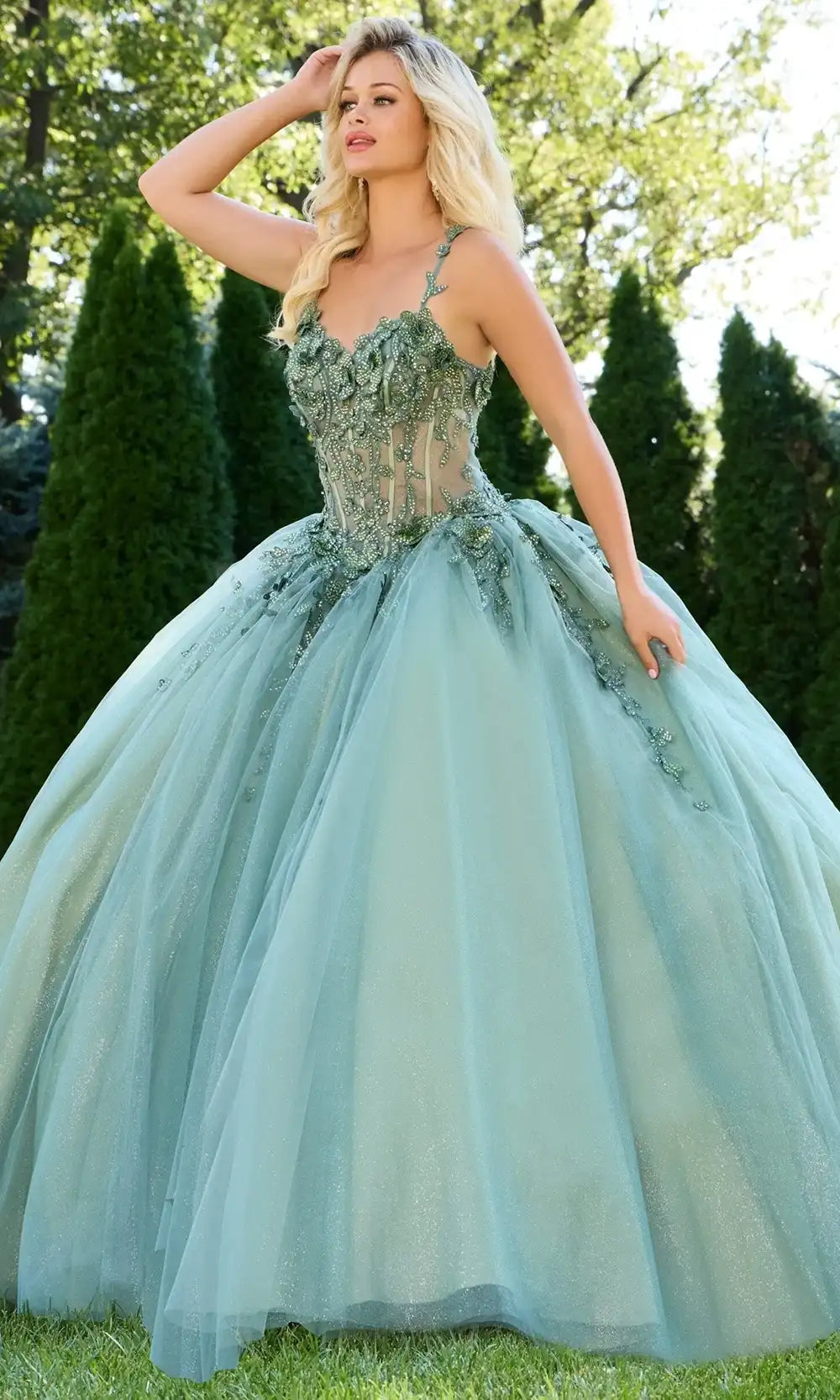 Jovani Q43437 - Illusion Corset Embroidered Quince Ballgown