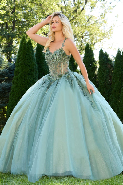 Jovani Q43437 - Illusion Corset Embroidered Quince Ballgown Quinceanera Dresses in In Green