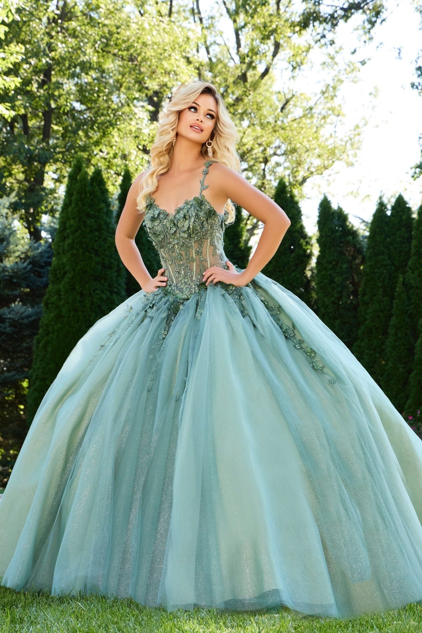Jovani Q43437 - Illusion Corset Embroidered Quince Ballgown Quinceanera Dresses in In Green