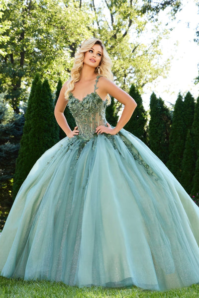 Jovani Q43437 - Illusion Corset Embroidered Quince Ballgown Quinceanera Dresses in In Green
