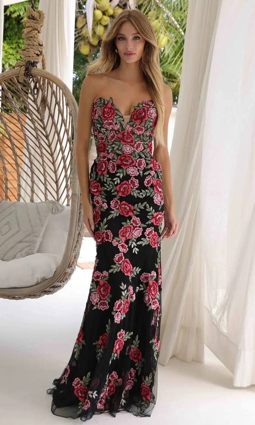 Primavera Couture 4354 - Long Plunging Sweetheart Floral Dress Prom Dresses