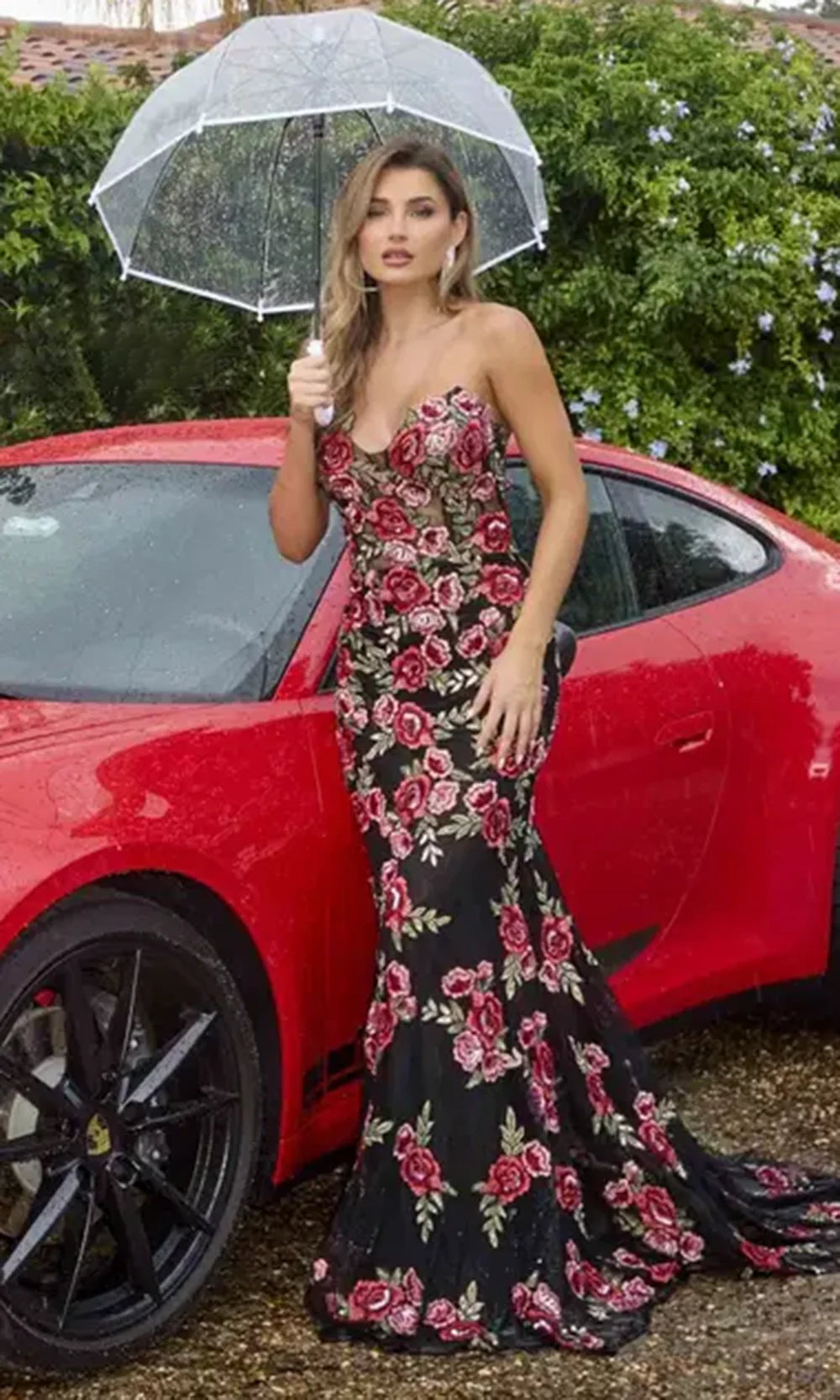 Primavera Couture 4354 - Long Plunging Sweetheart Floral Dress Prom Dresses