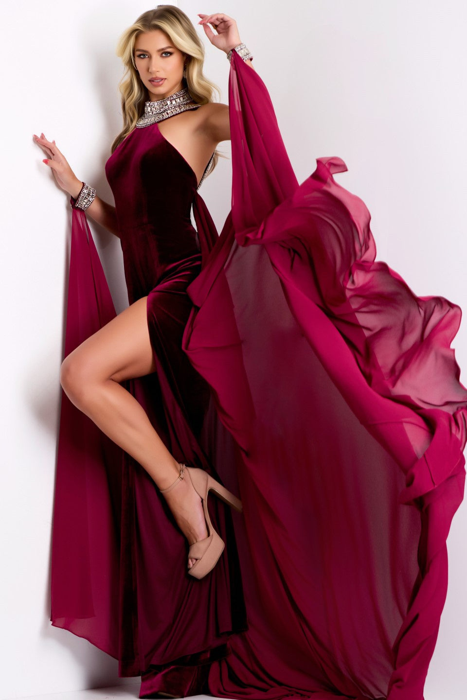 Jovani 43699 - Long Velvet, Chiffon Overlay Sheath Dress - Bejeweled Collar, Sleeveless, High Slit, Flowing Draped Sleeves, Sweep Train, Open Back 4 / Jovani 43699 - Long Velvet, Chiffon Overlay Sheath Dress - Bejeweled Collar, Sleeveless, High Slit, Flowing Draped Sleeves, Sweep Train, Open Back 4 /