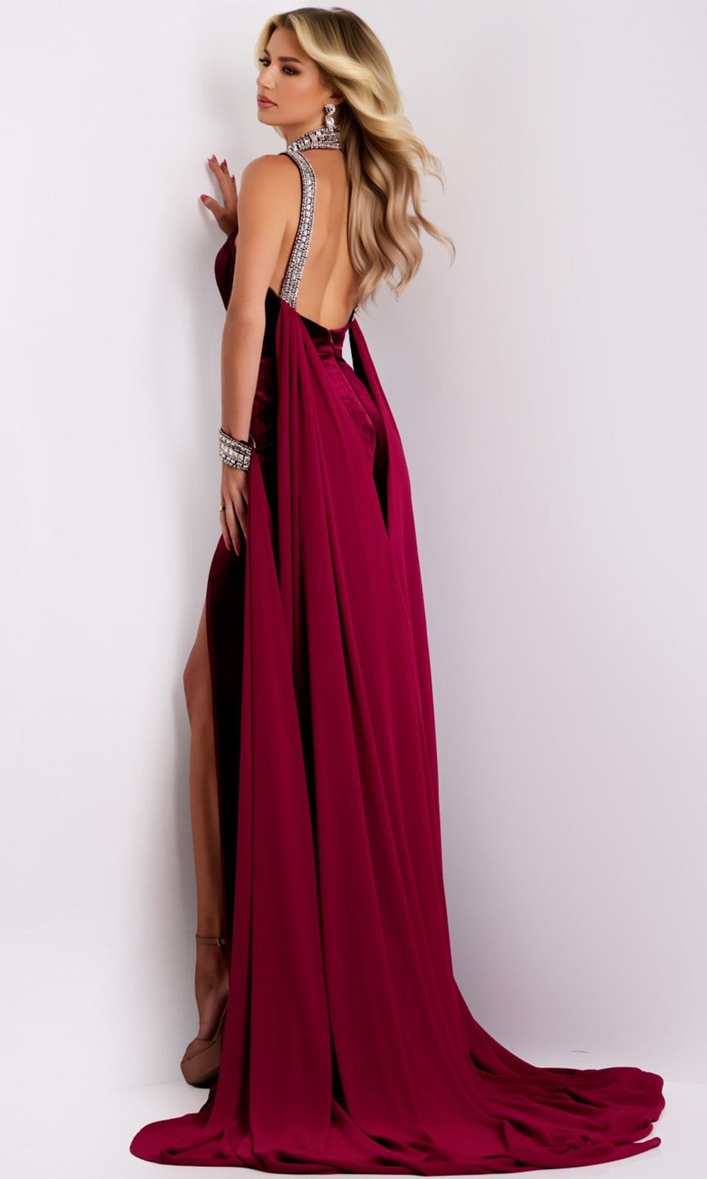 Jovani 43699 - Jeweled Velvet High Slit Dress