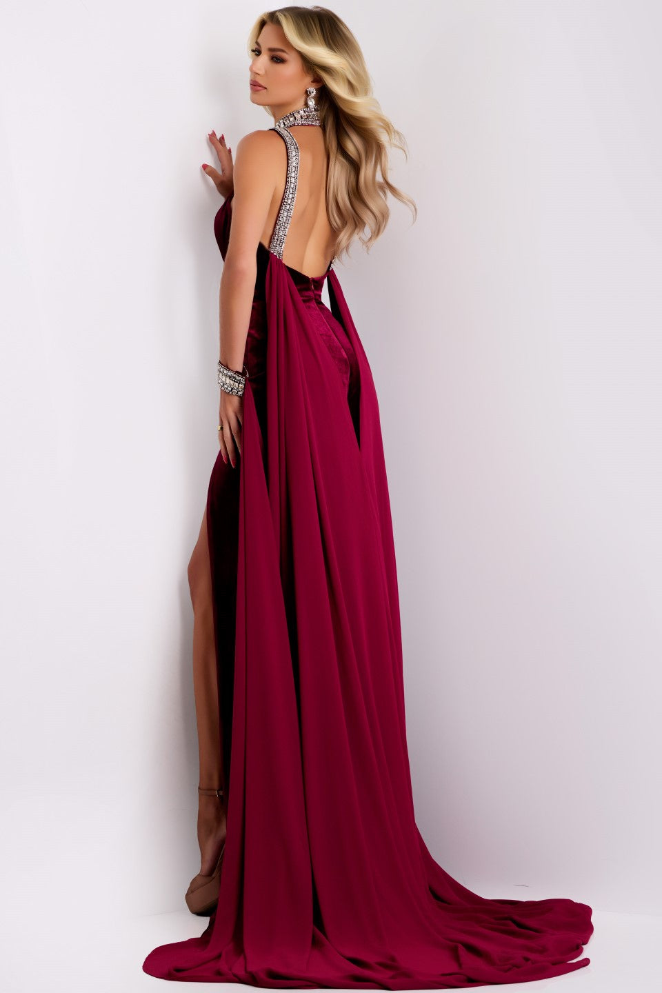 Jovani 43699 - Jeweled Velvet High Slit Dress Prom Dresses In Red