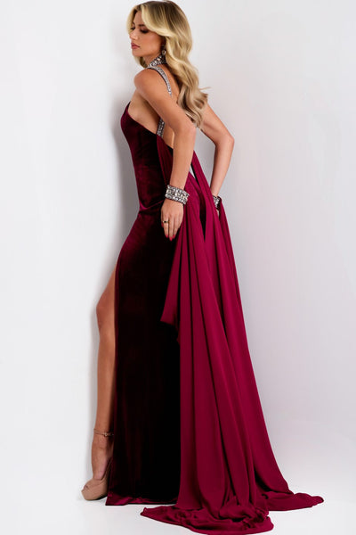 Jovani 43699 - Jeweled Velvet High Slit Dress Prom Dresses In Red