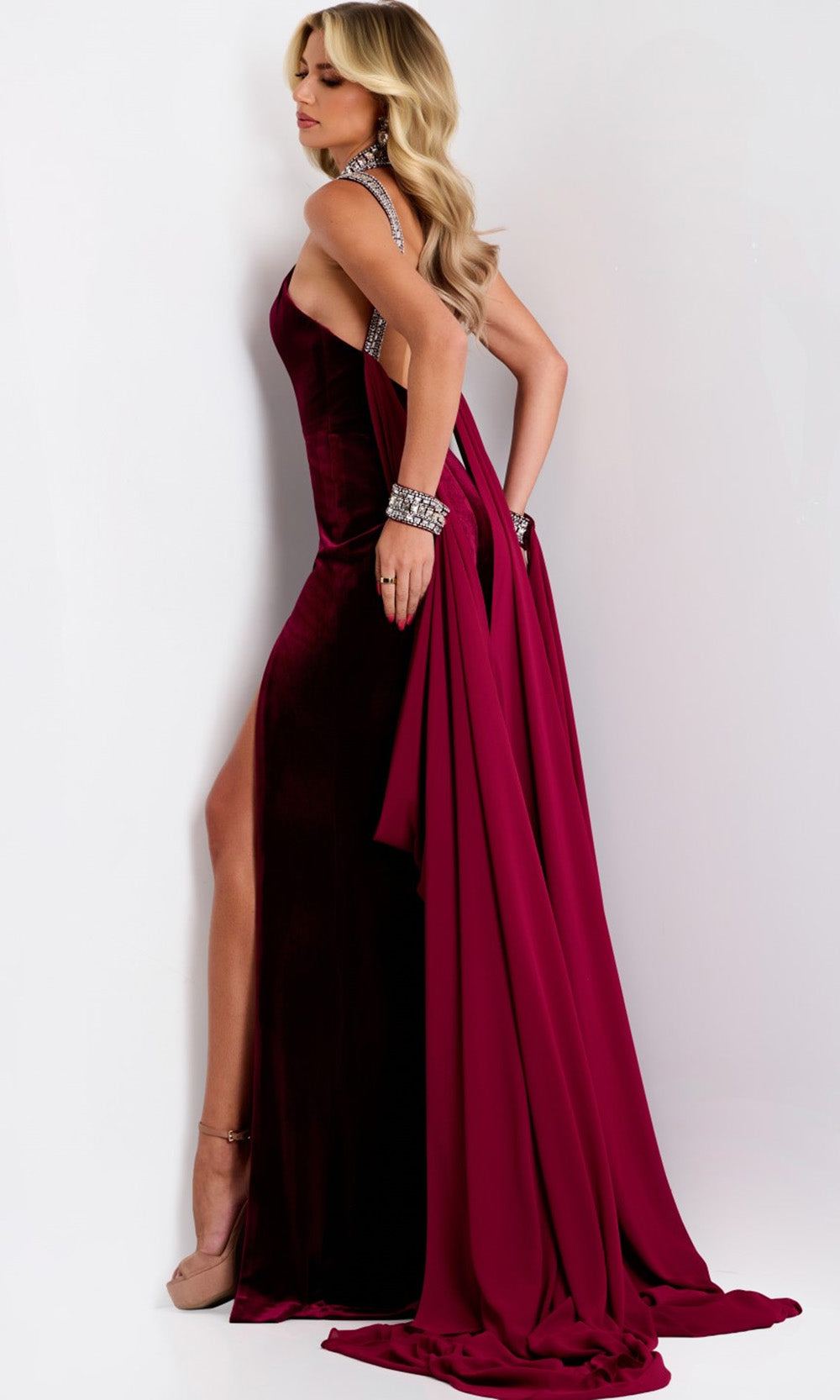 Jovani 43699 - Jeweled Velvet High Slit Dress