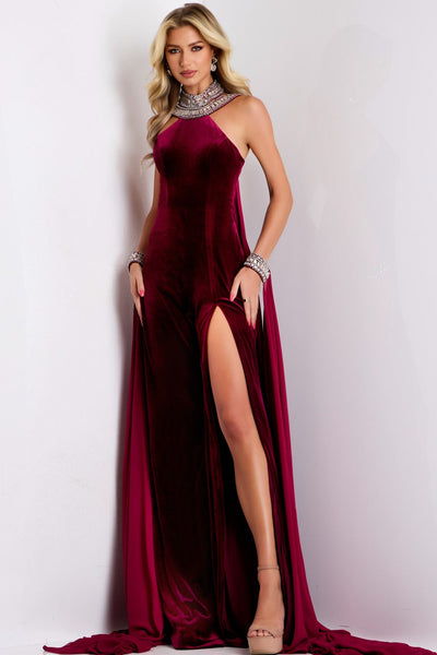 Jovani 43699 - Jeweled Velvet High Slit Dress Prom Dresses In Red