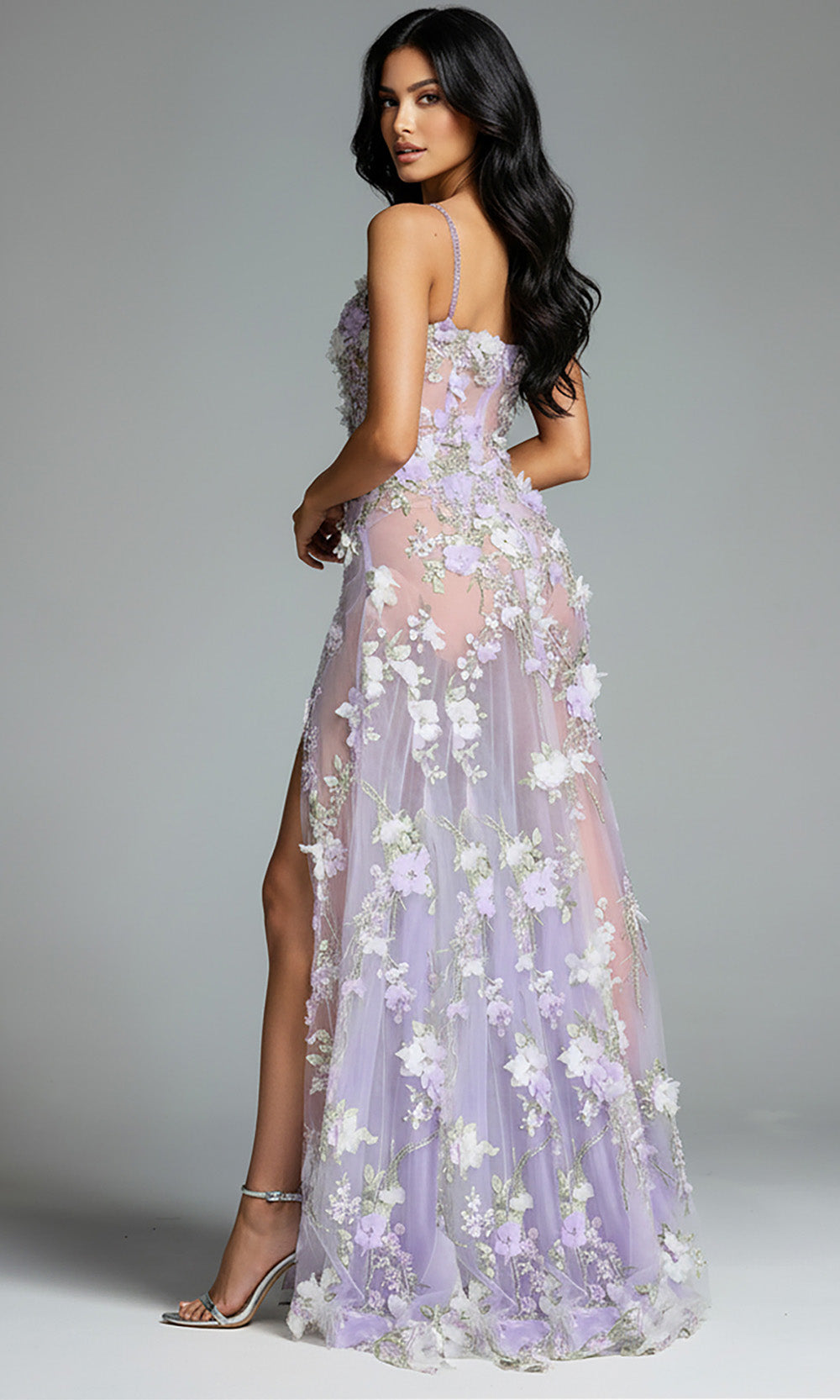 Jovani 43706 - Floral Applique Illusion Dress with Double Slit