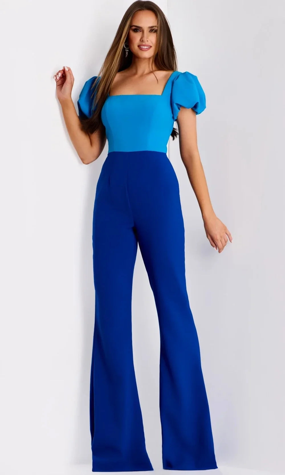 Jovani 43755 - Square Neck Puff Sleeve Jumpsuit Special Occasion Dress In Royal Peacock