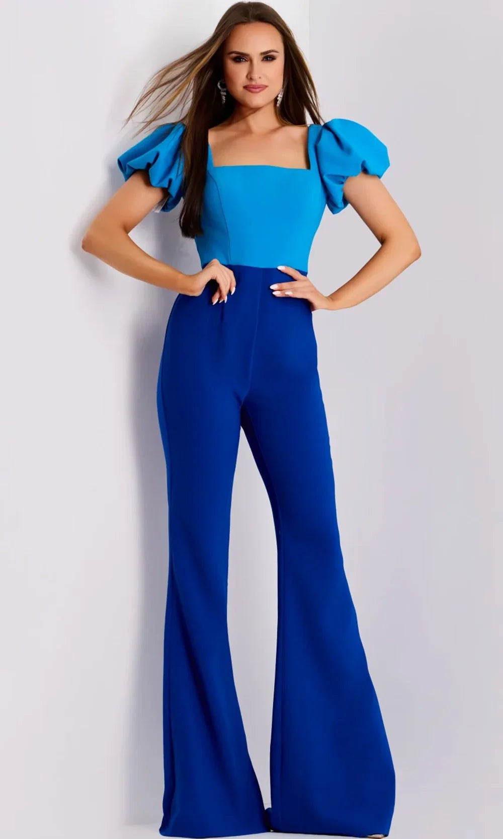 Jovani 43755 - Flared Leg Two Tone Jumpsuit Formal Pantsuits  in Royal Peacock 