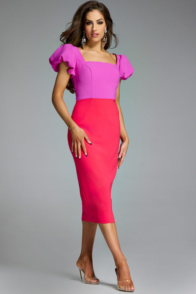 Jovani 43756 - Puff Sleeve Colorblock Fitted Dress In Purple and Pink