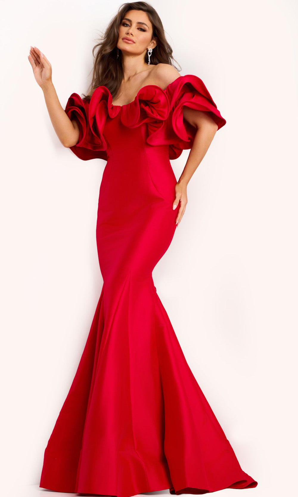 Jovani 43757 - Satin Ruffled Off Shoulder Gown