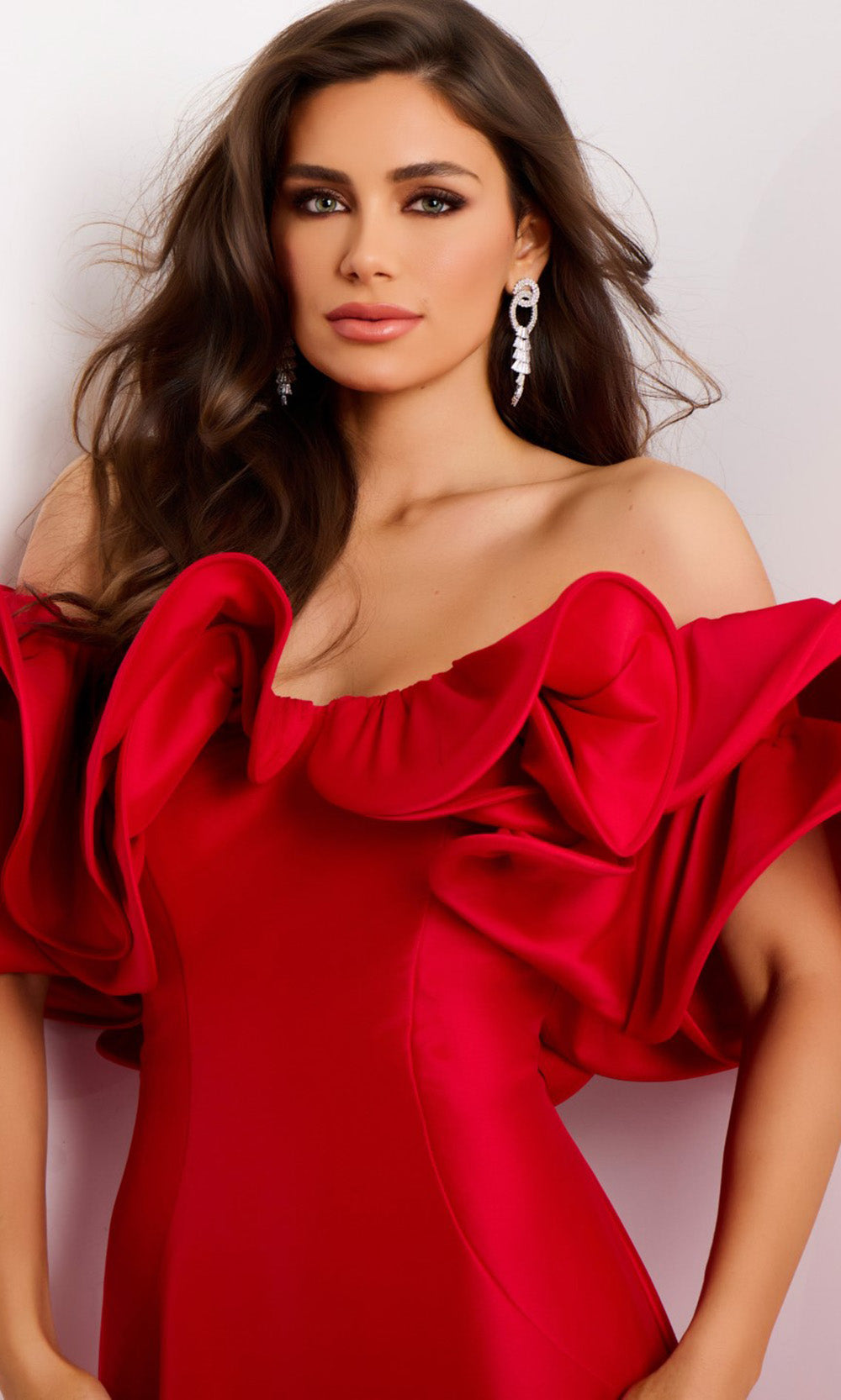 Jovani 43757 - Satin Ruffled Off Shoulder Gown