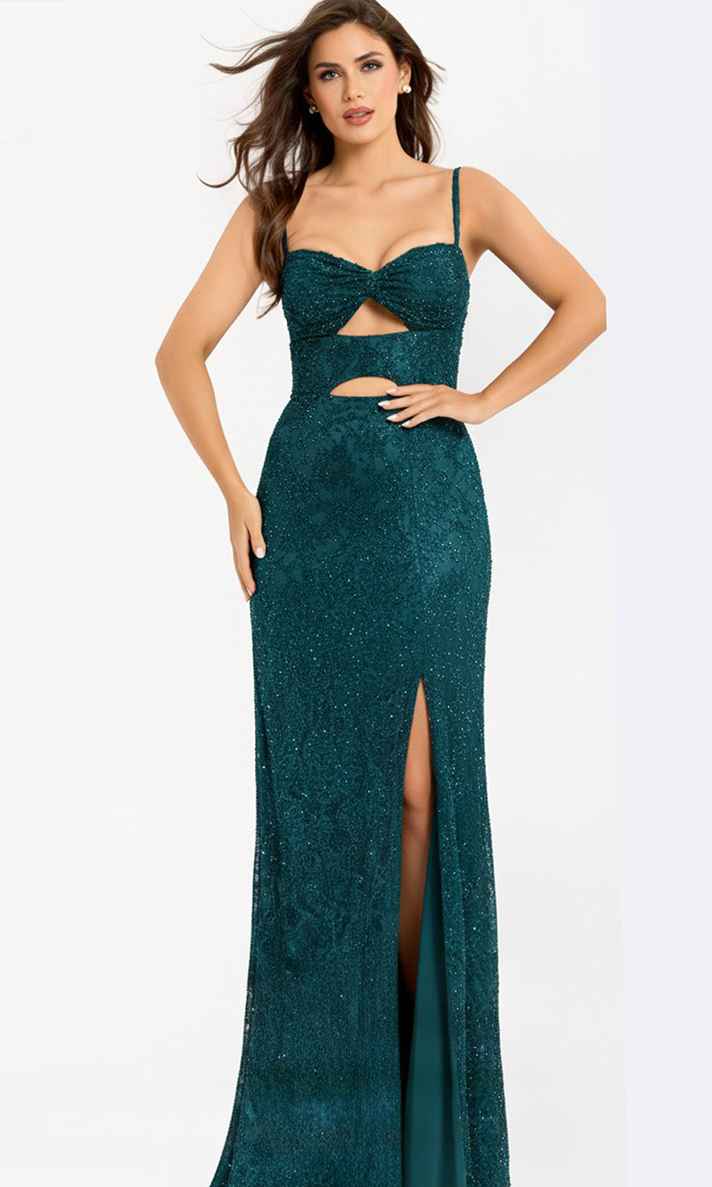 Jovani 43764 - Spaghetti Strap Beaded Gown with Cutouts