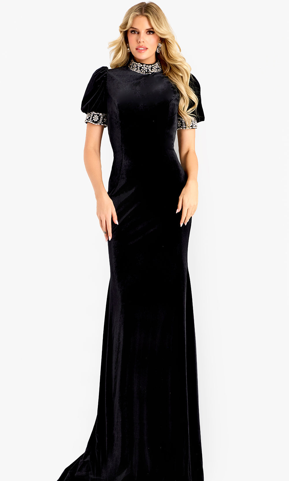 Jovani 43771 - Velvet High Neck Embellished Gown