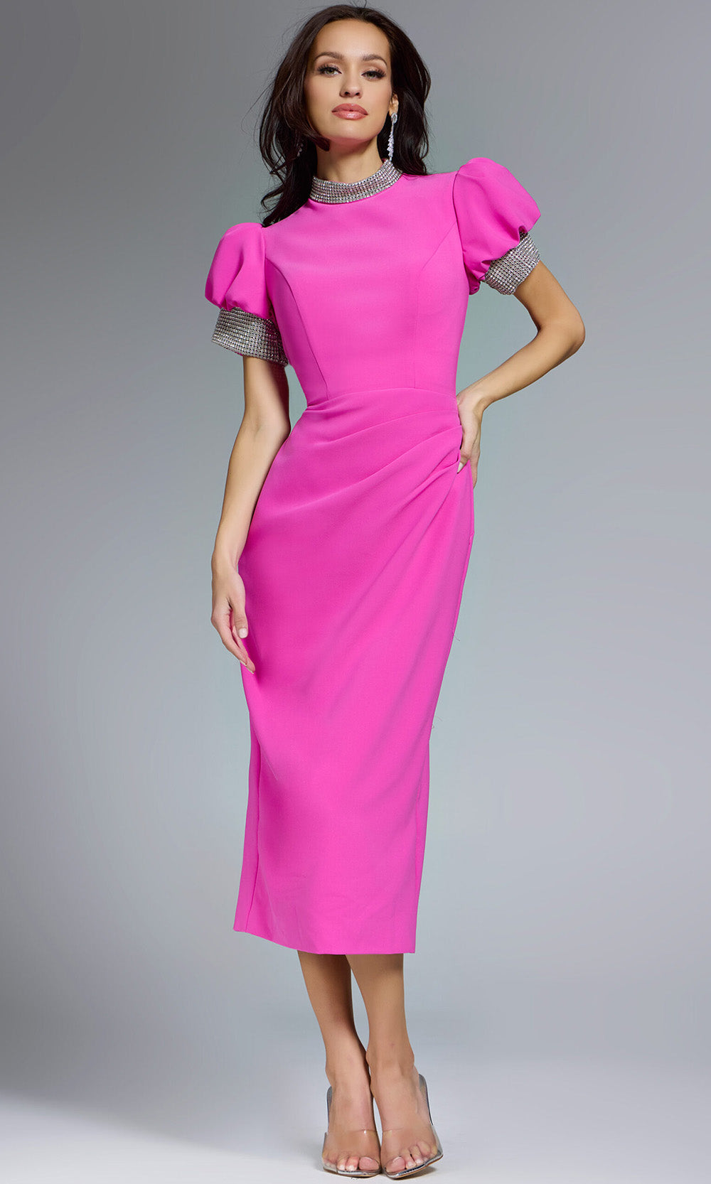 Jovani 43773 - High Neck Tea-Length Sheath Dress