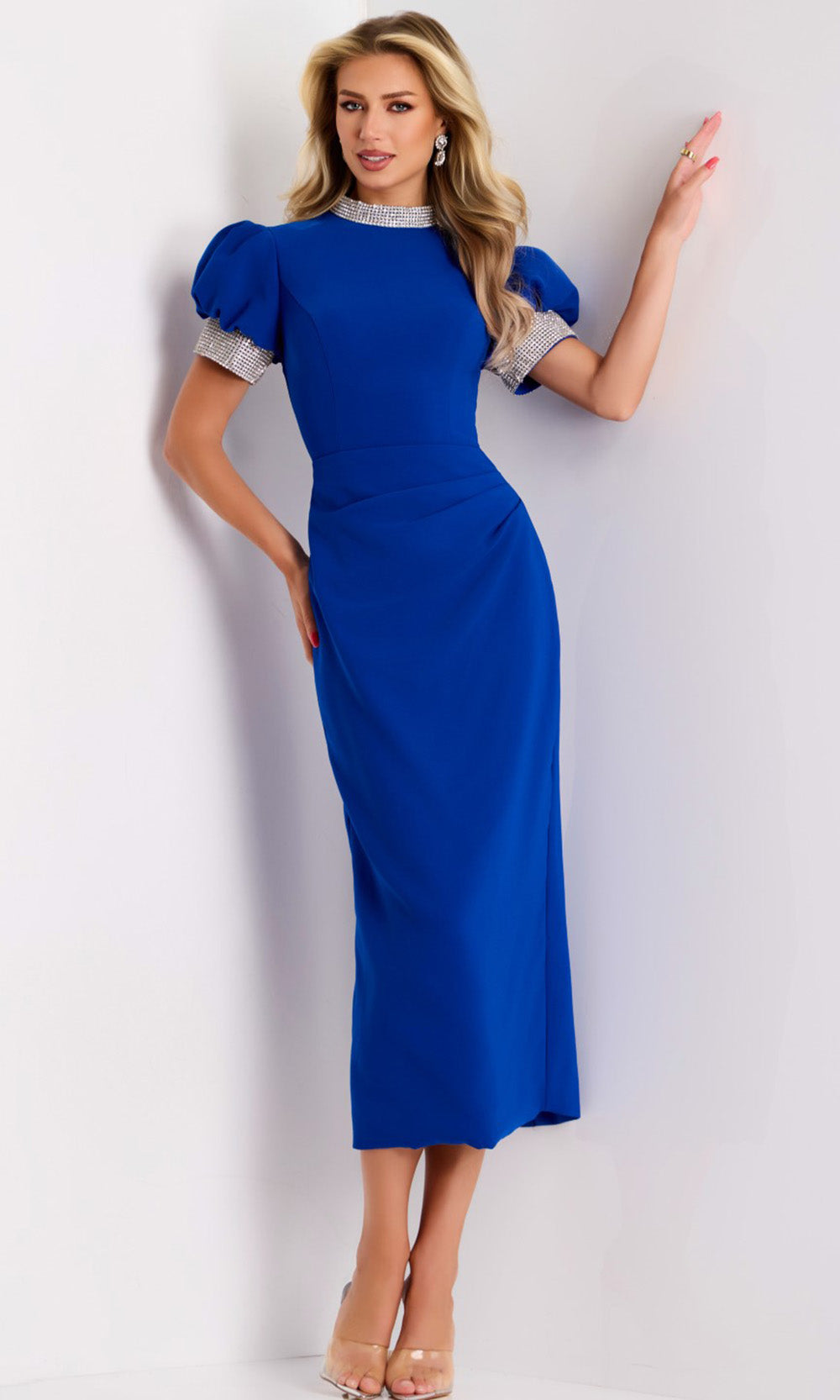 Jovani 43773 - High Neck Tea-Length Sheath Dress