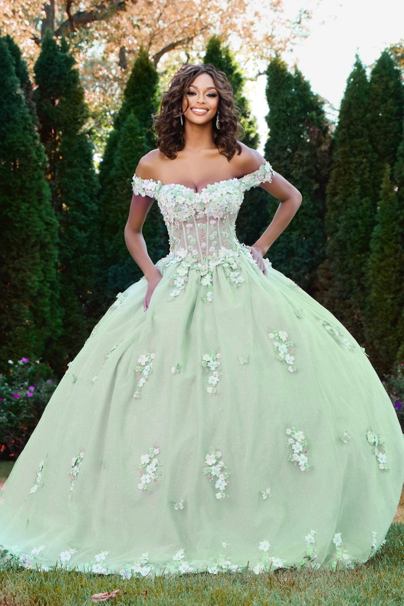Jovani Q43811 - Off Shoulder Sweetheart Gown with 3D Florals Quinceanera Dresses in In Green