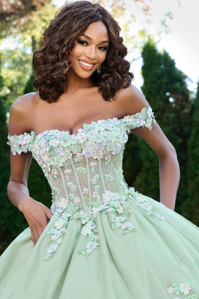 Jovani Q43811 - Off Shoulder Sweetheart Gown with 3D Florals Quinceanera Dresses in In Green