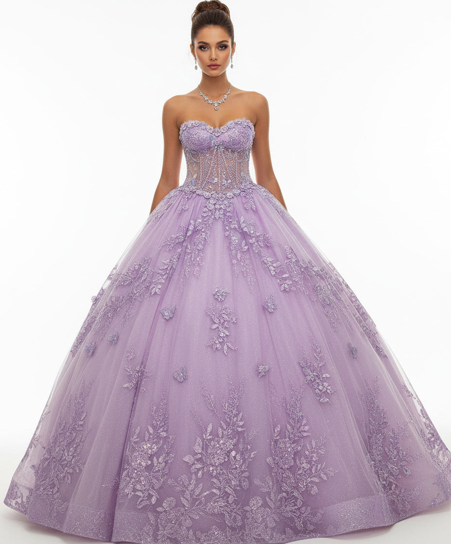 Jovani Q43812 - Floral Lace Sweetheart Ballgown with Sheer Corset In Purple