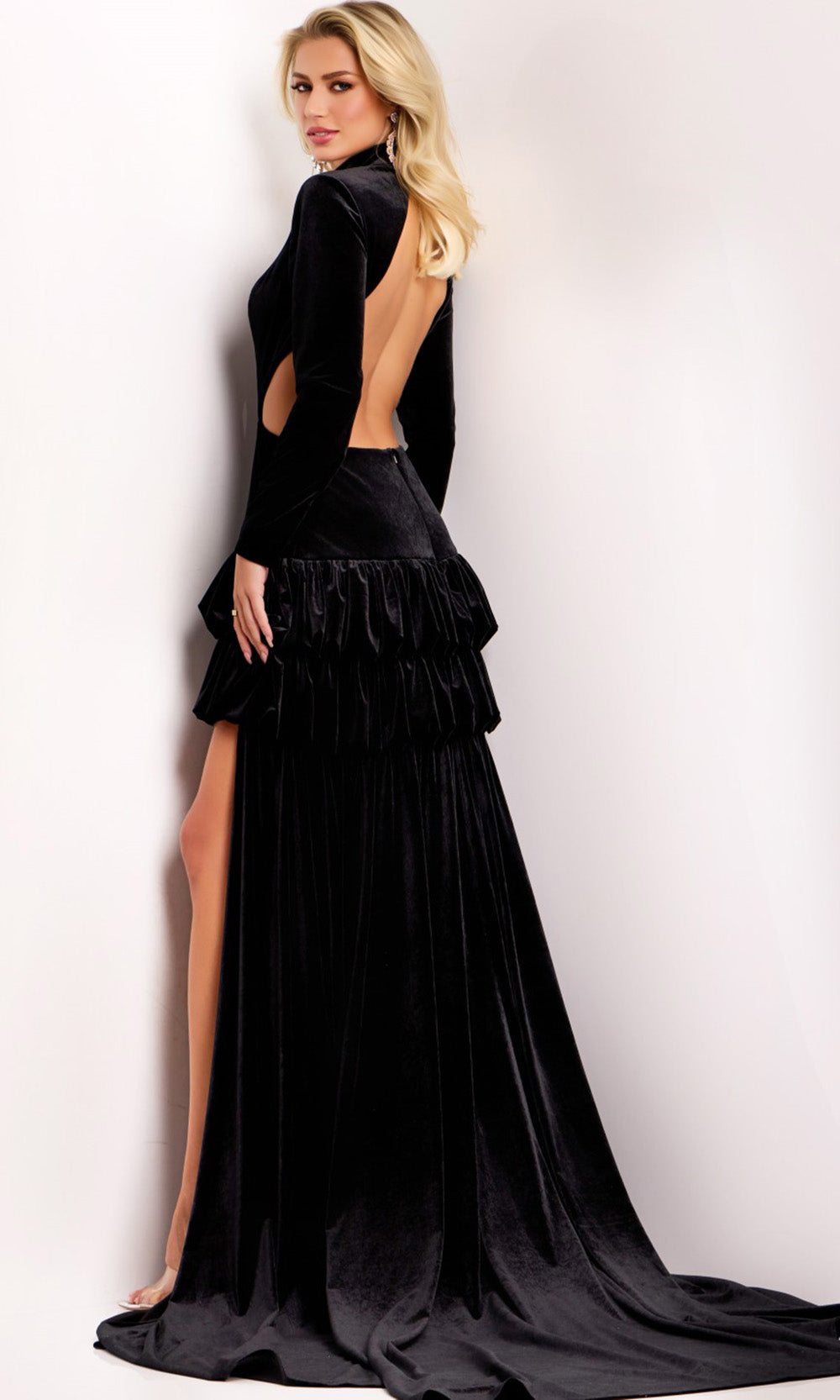 Jovani 43819 - Ruffle Skirt Long Sleeve Velvet Gown