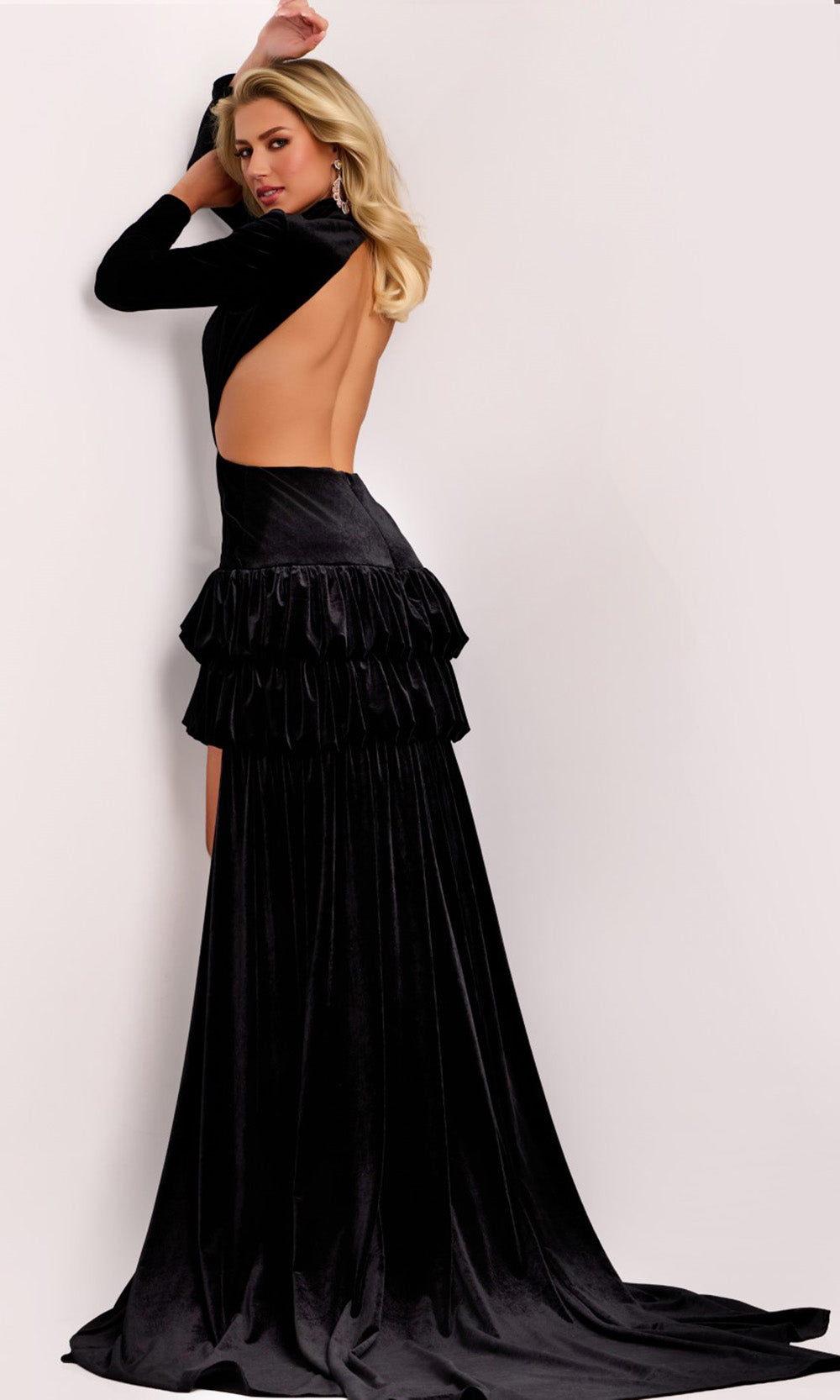 Jovani 43819 - Ruffle Skirt Long Sleeve Velvet Gown