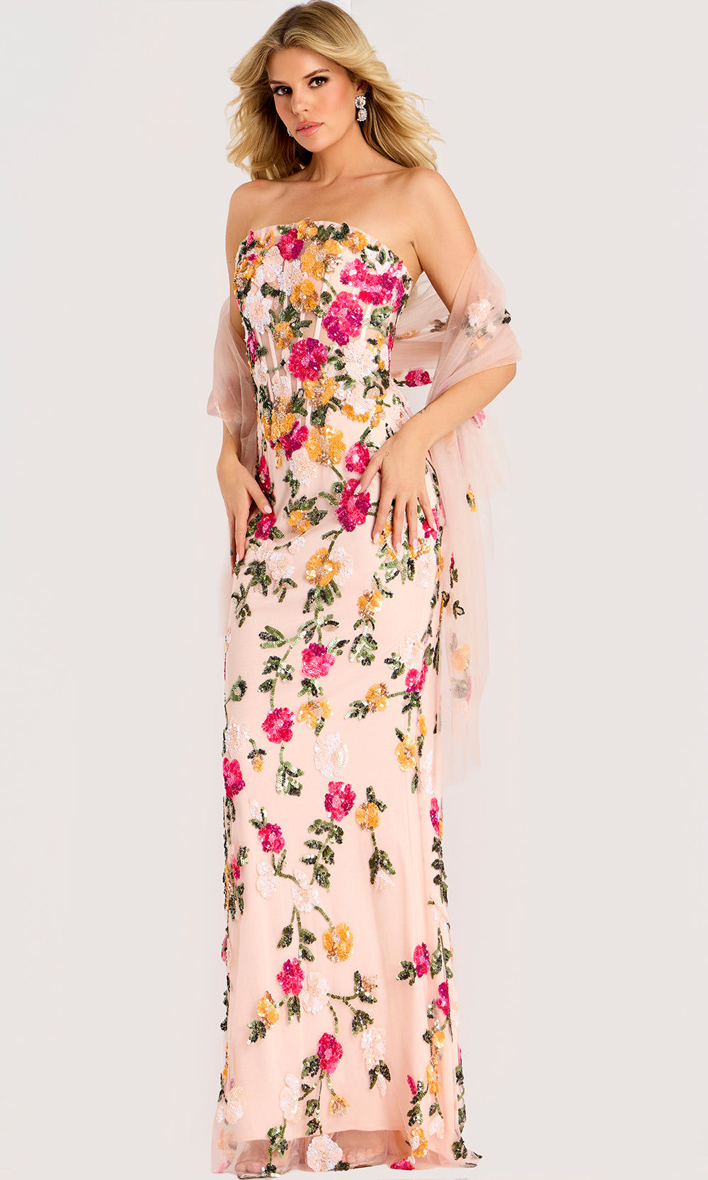 Jovani 44011 - Floral Embellished Strapless Colum Gown