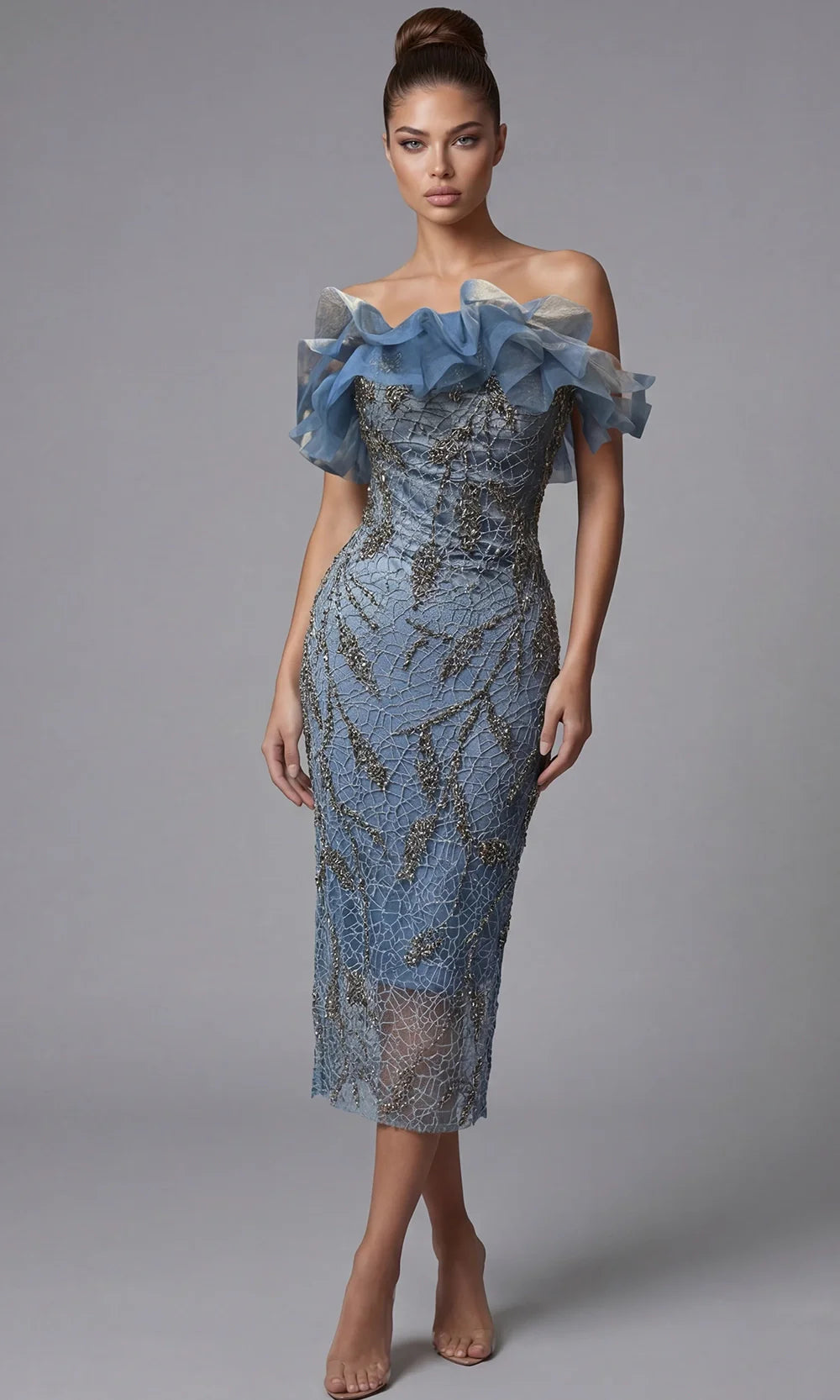 Jovani 44016 - Ruffled Neckline Tea-Length Sheath Dress Cocktail Dresses  in Blue  