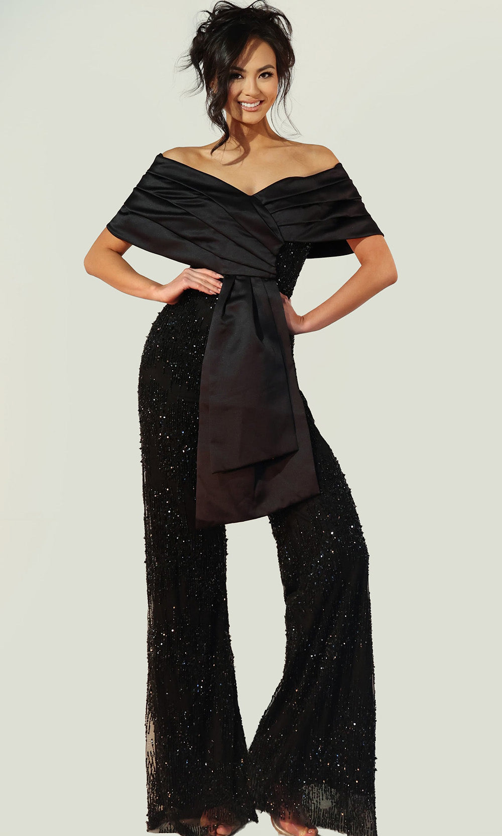 Jovani 44018 - Pleated Bodice Short Sleeve Jumpsuit Formal Pantsuits  in Black  