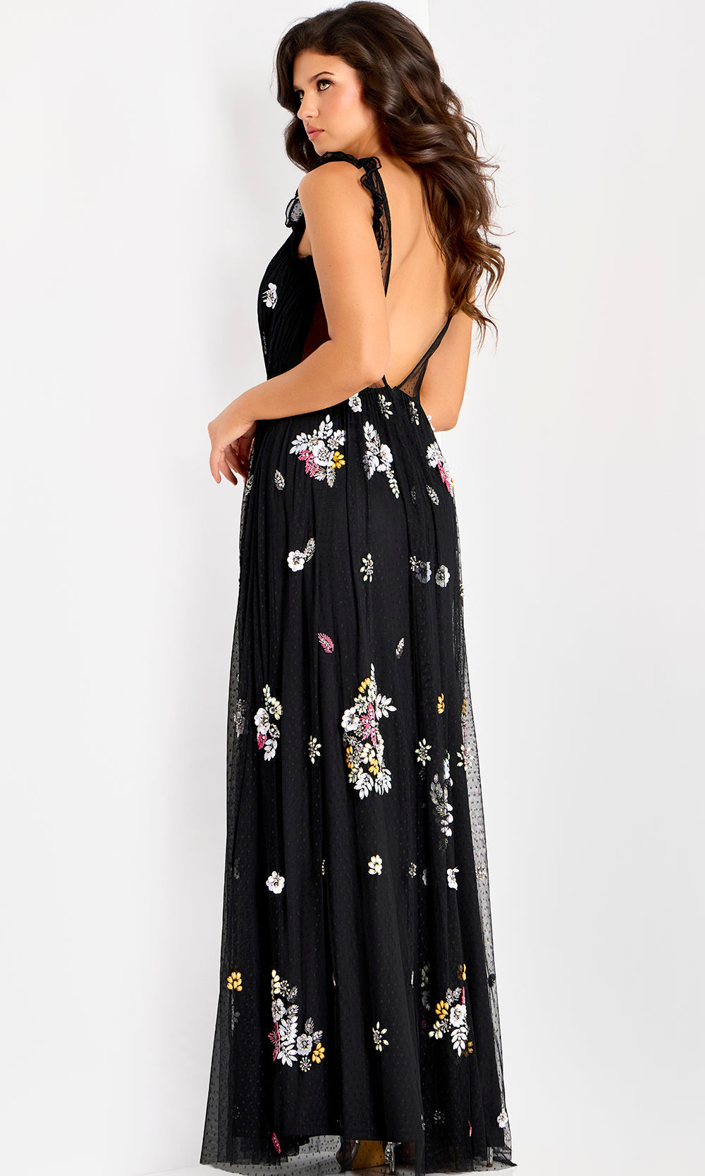 Jovani 44057 - Embroidered Floral Plunging Neck Gown Special Occasion Dress In Black