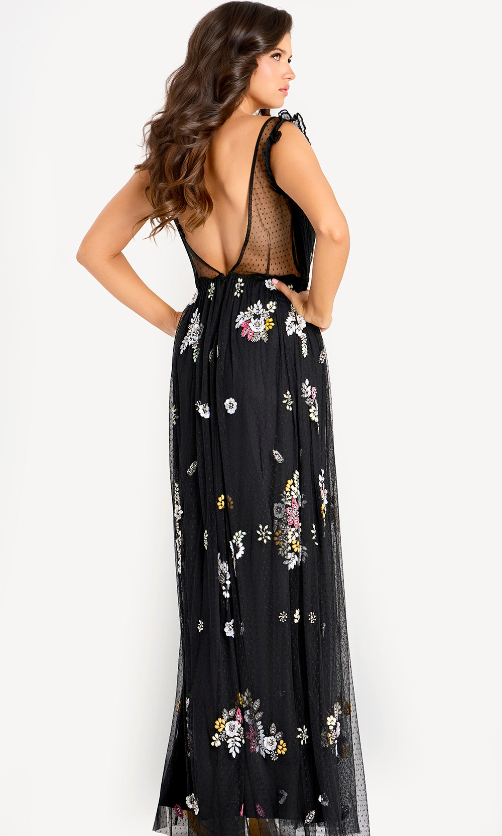 Jovani 44057 - Embroidered Floral Plunging Neck Gown Special Occasion Dress In Black
