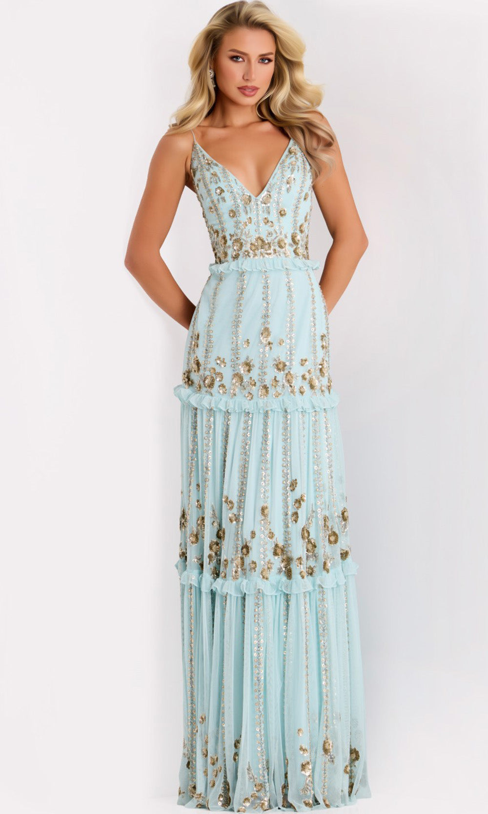 Jovani 44060 - Spaghetti Strap Sequin Embroidered Gown Formal Gowns