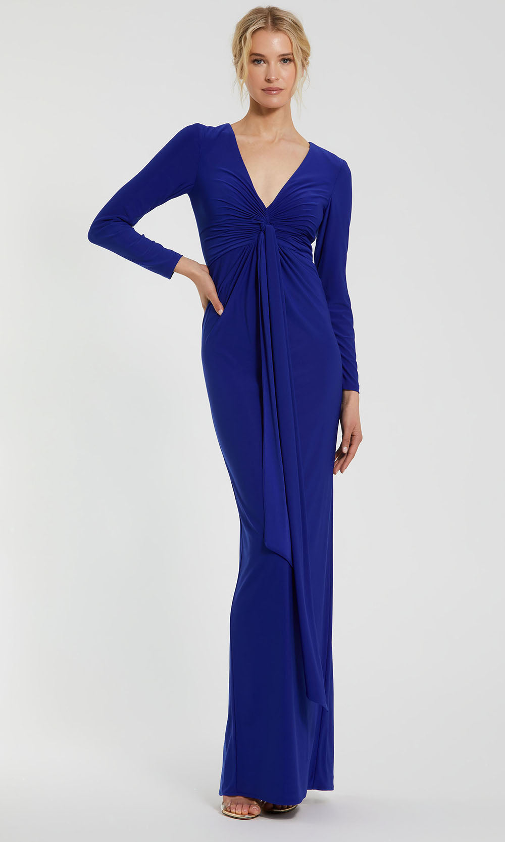 Ieena Duggal 44064 - V-Neck Column Gown with Front Drape Detail Evening Dresses