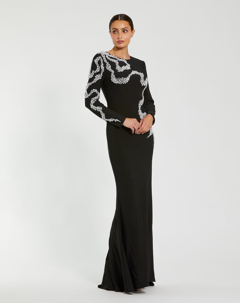 Mac Duggal 44086 - Long Sleeve Fitted Beaded Gown In Black