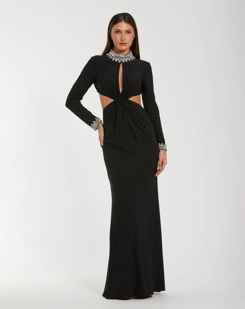 Ieena Duggal 44155 - Long Sleeve Jersey Cutout Dress Formal Gowns in Black