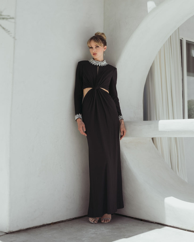 Ieena Duggal 44155 - Long Sleeve Jersey Cutout Dress Formal Gowns in Black