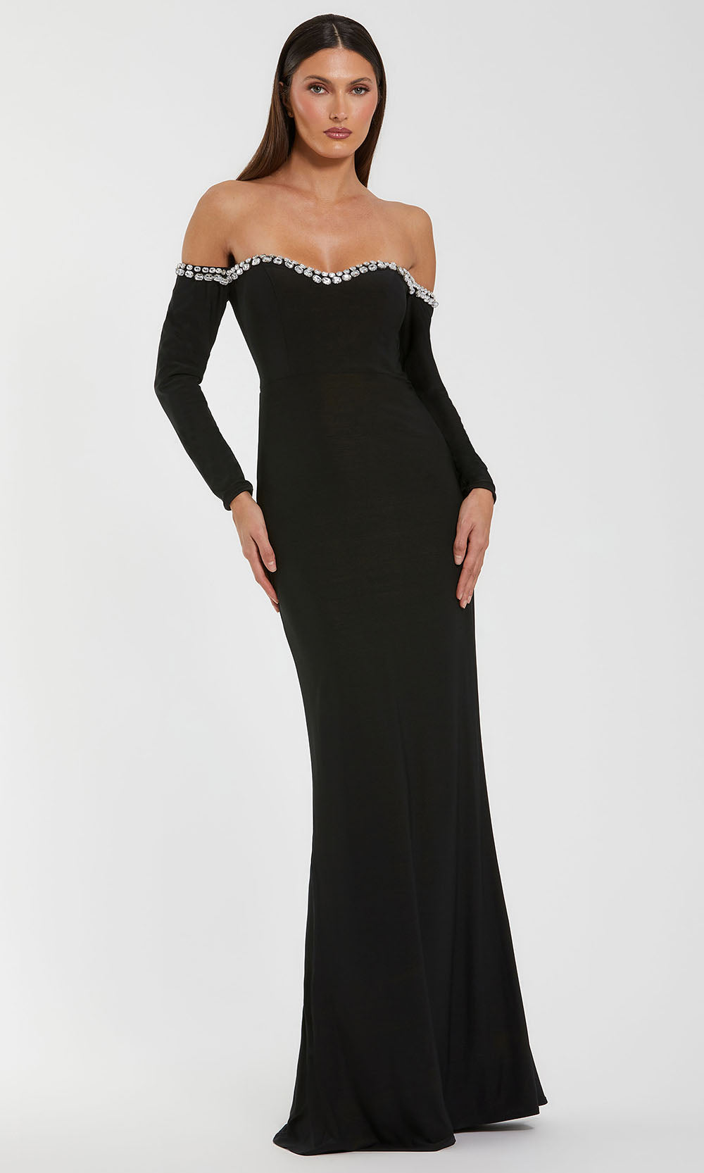 Ieena Duggal 44159 - Long Sleeve Crystal Accent Evening Gown
