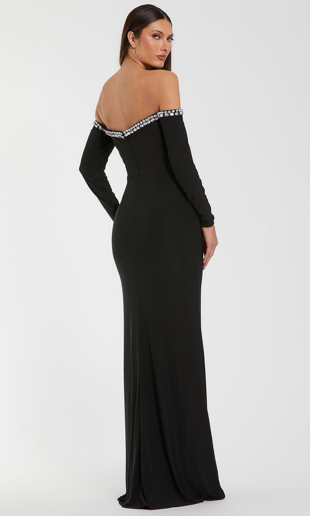 Ieena Duggal 44159 - Long Sleeve Crystal Accent Evening Gown
