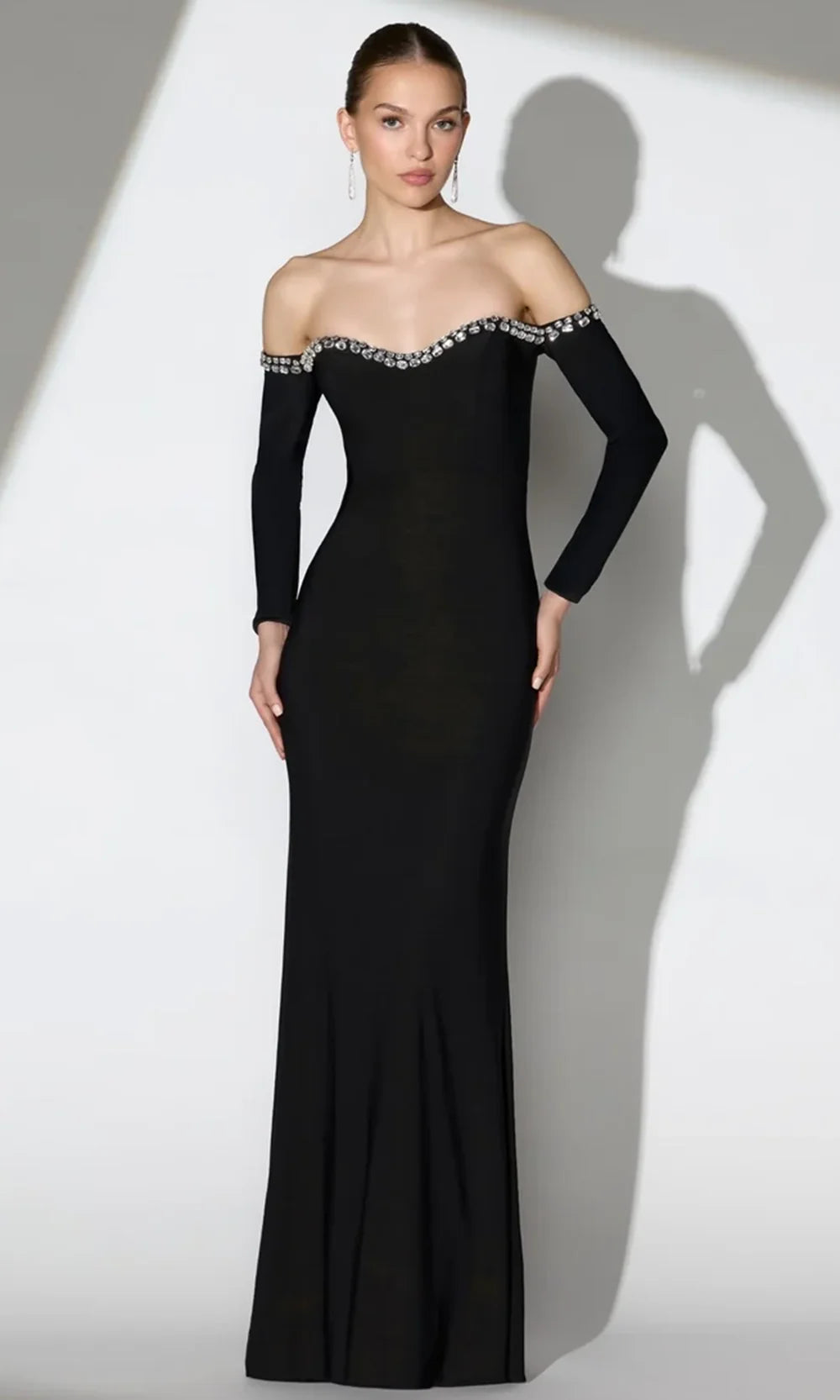 Ieena Duggal 44159 - Long Sleeve Crystal Accent Evening Gown
